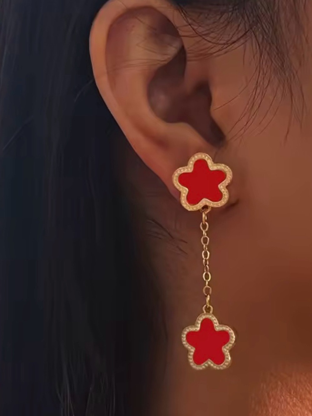Target Red Flower Dangle Earrings with Gold Accents